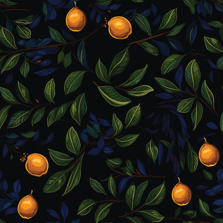 Seamless pattern with green leaves and orange fruits on black backgroundの写真素材