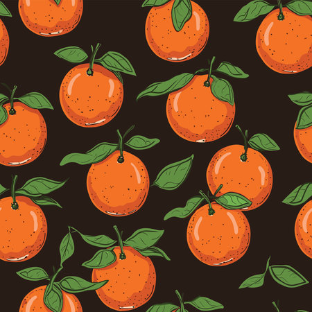 Seamless pattern with tangerines on black background. Vector illustration.の写真素材