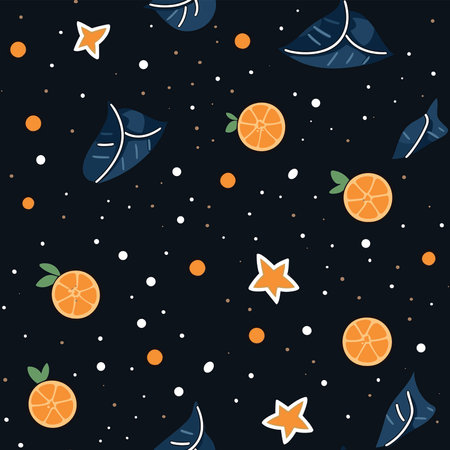 Seamless pattern with oranges, leaves and stars. Vector illustration.の写真素材