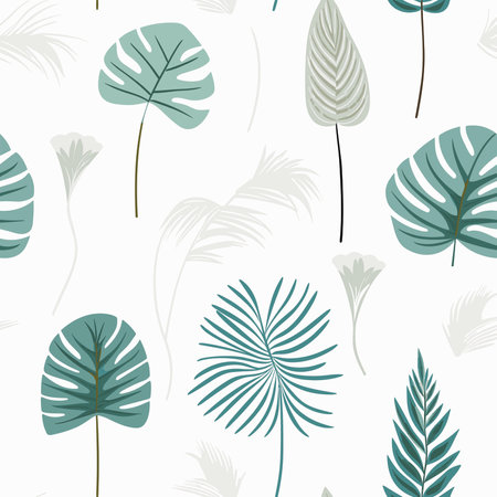 Seamless pattern with tropical leaves. Hand drawn vector illustration.の写真素材