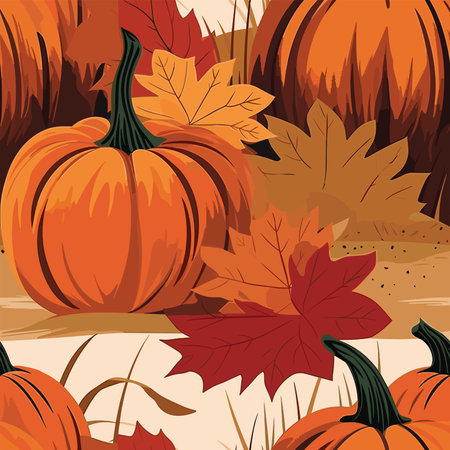 Seamless background with pumpkins and autumn leaves. Vector illustration.の写真素材