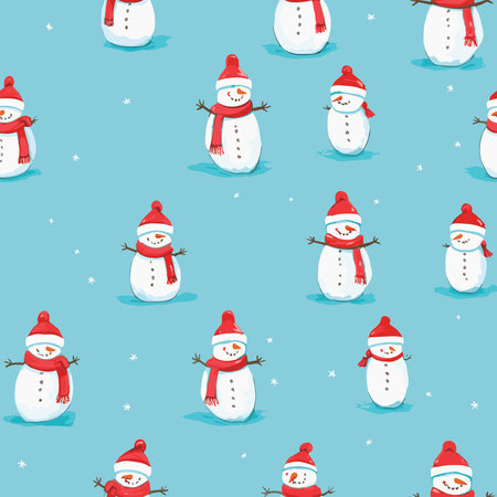 Seamless pattern with snowman on blue background. Vector illustration.の写真素材