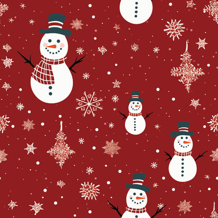 Snowman seamless pattern on red background. Christmas and new year vector illustration.の写真素材