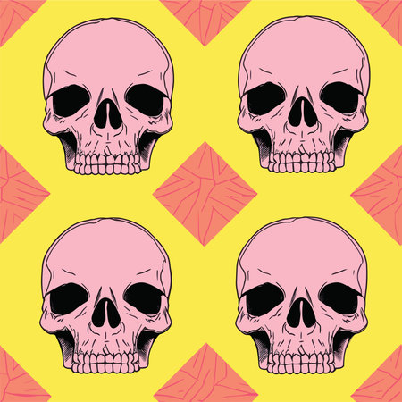 Skulls seamless pattern on yellow background. Vector illustration. Hand drawn.のイラスト素材