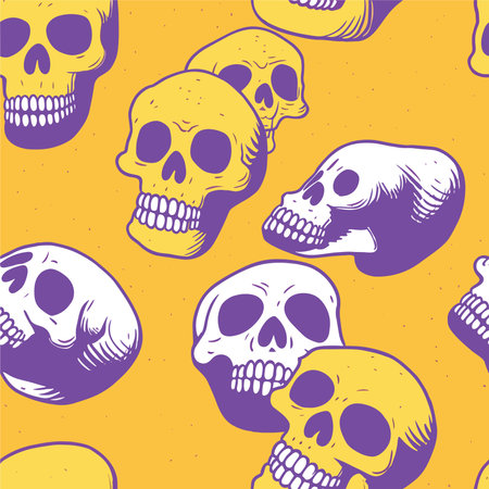 Seamless pattern with hand drawn skulls on yellow background. Vector illustration.のイラスト素材