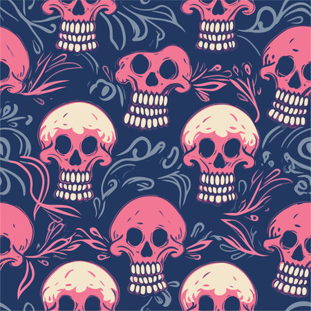 Seamless pattern with skulls and floral ornament. Vector illustration.のイラスト素材