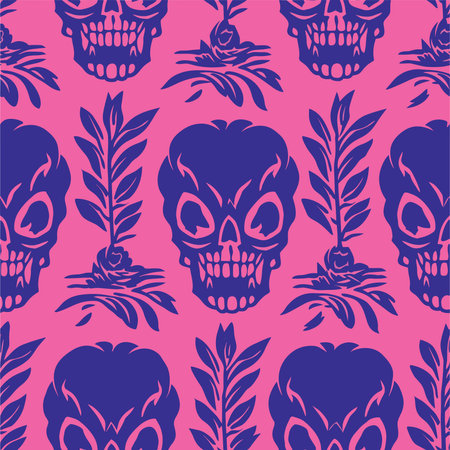 Seamless pattern with skulls and floral ornament. Vector illustration.のイラスト素材