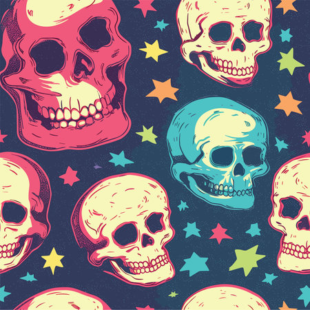 Seamless pattern with skulls and stars. Vector illustration in retro style.のイラスト素材