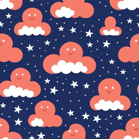 Seamless pattern with cute clouds and stars. Vector illustration.のイラスト素材