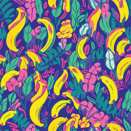 Seamless pattern with bananas and tropical leaves. Vector illustration.のイラスト素材