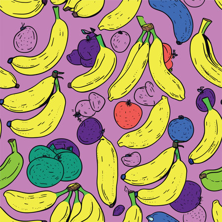 Seamless pattern with bananas and fruits. Hand drawn vector illustration.のイラスト素材