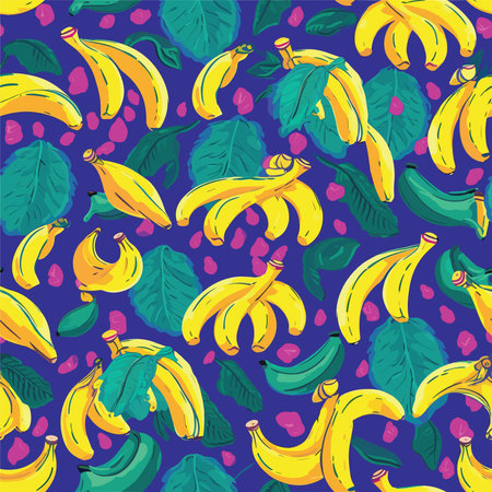 Seamless pattern with bananas and leaves on a dark blue backgroundのイラスト素材