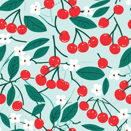 Seamless pattern with cherries and leaves. Vector illustration.のイラスト素材