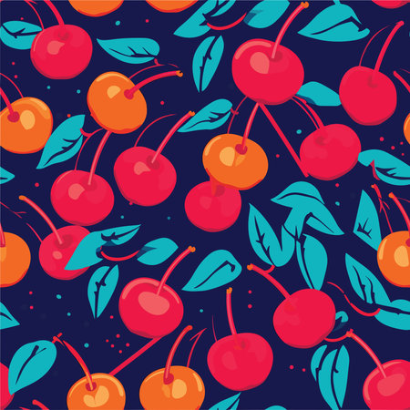 Seamless pattern with cherries on a dark blue background.のイラスト素材