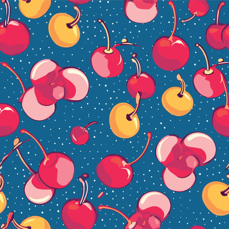 Seamless pattern with red and yellow cherries on blue backgroundのイラスト素材