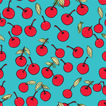 Seamless pattern with cherries on blue background. Vector illustration.