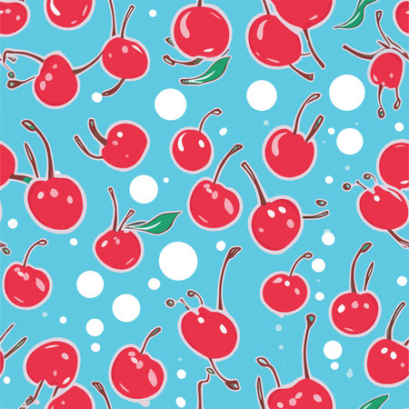 Seamless pattern with cherries on blue background. Vector illustration.のイラスト素材