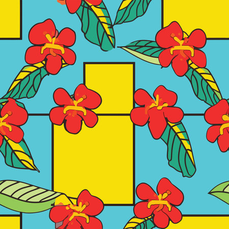 Seamless pattern with red flowers and leaves on blue background.
