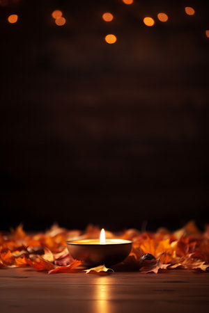 Candle with autumn leaves and bokeh lights on dark backgroundの素材