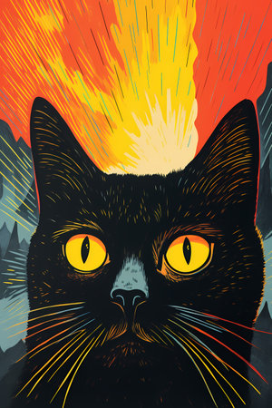 Cat in the rays of the rising sun. Vector illustration of a cat.の素材