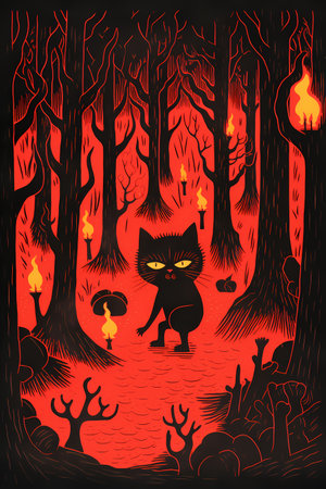 Halloween card with black cat in the forest. Vector illustration.の素材