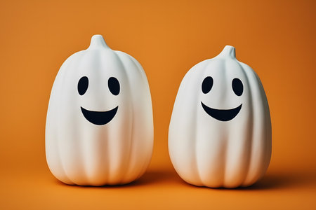Two white pumpkins with funny faces on orange background, 3d renderの素材