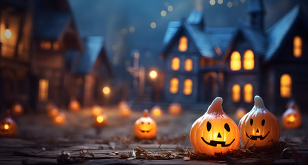 Halloween pumpkins in front of a haunted house at night.の素材