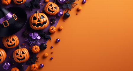 Halloween background with pumpkins, spiders, bats and spiders. 3d illustrationの素材