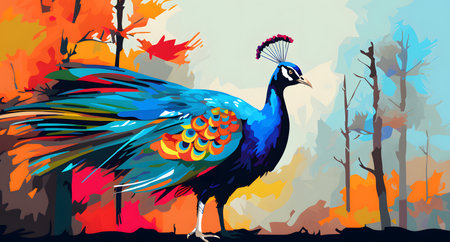 Peacock in autumn forest. Colorful vector illustration for your designの素材