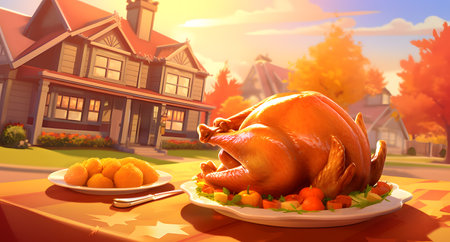 Thanksgiving day. Roasted turkey on the festive table. 3d renderの素材