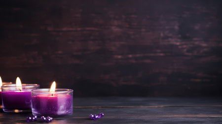 Burning candles on wooden background, space for text. Valentine's Dayの素材