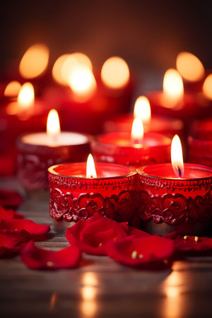 Burning candles with red rose petals on wooden background. Shallow depth of fieldの素材