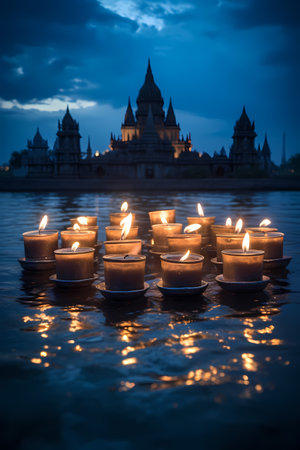 Burning candles in the water at the temple in Bagan, Myanmarの素材