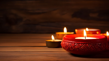 Burning candles on wooden background. Diwali celebration concept.の素材