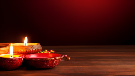 Beautiful diwali diya on wooden table, space for textの素材