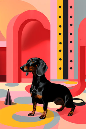 Dachshund dog in a room with red arches.の素材