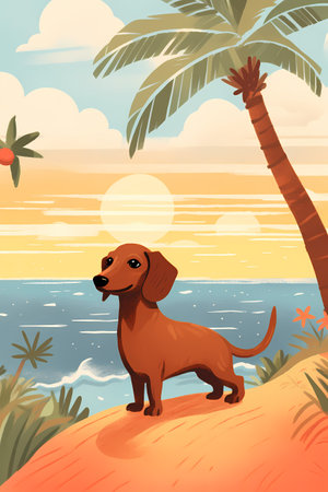 Dachshund on the beach. Vector illustration in cartoon styleの素材
