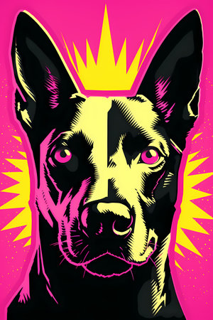 Vector illustration of a German shepherd dog on a pink background with a crown.の素材