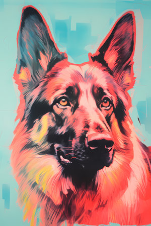 German Shepherd portrait. Colorful painting on canvas. Hand drawn illustration.の素材