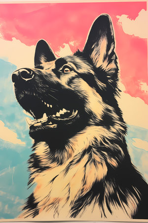German shepherd dog portrait on a background of the sky and clouds.の素材