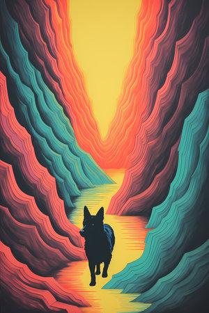 Illustration of a dog in the rays of the setting sun.の素材