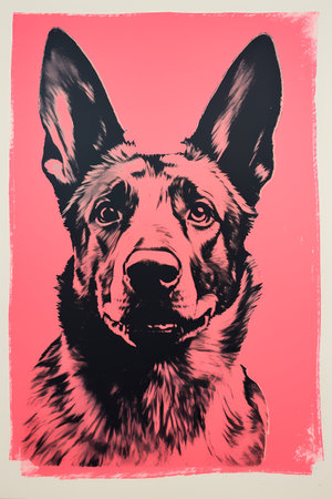 German shepherd dog portrait on a pink background. Hand-drawn illustration.の素材