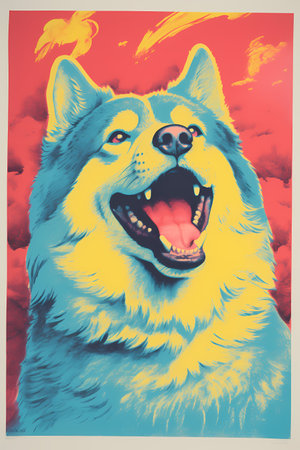 Illustration of a dog in front of a red background with cloudsの素材