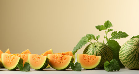 Melons with mint leaves on white table, closeup. Space for textの素材