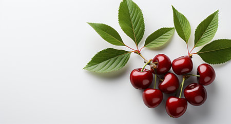 Ripe sweet cherries with green leaves on white background, top viewの素材