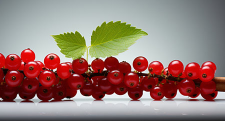 Red currant with green leaf on a white background with reflection.の素材