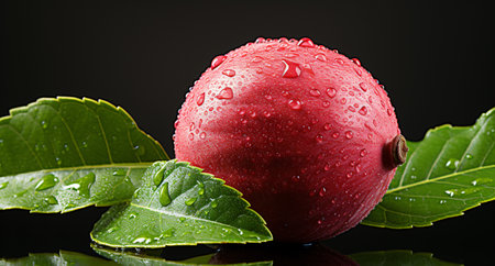 Ripe red apple with green leaves on a dark background close upの素材