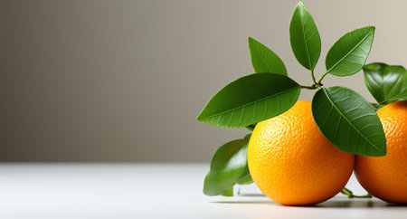 Ripe orange with green leaves on a white table. Copy spaceの素材