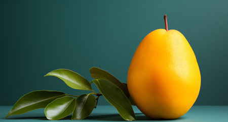 Mango with green leaves on a green background with copy space.の素材