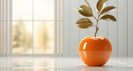 Orange vase with plant on the floor. 3d rendering.の素材